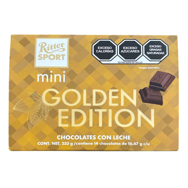 Estuche Mini Ritter Sport Golden Edition de Leche con 233 grs. Pack con 14 piezas.